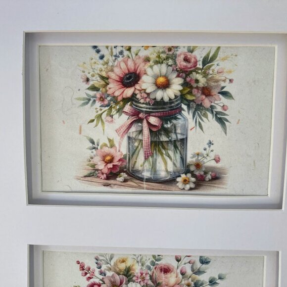 Cottage Shabby Chic Double Image Floral Prints Rice Paper Framed - Picture 3 of 6